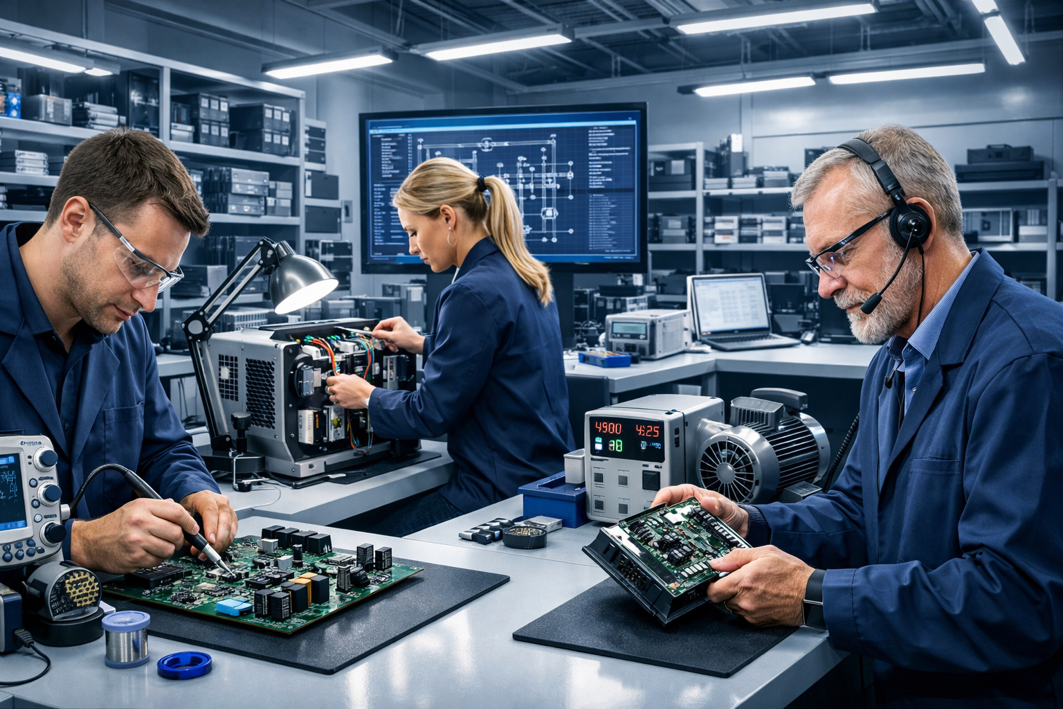 Technicians repairing industrial circuit boards in Lab Electronics laboratory UK